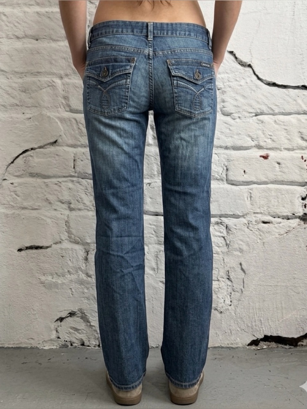 Vintage Calvin Klein Low Rise Jeans Y2K 90s Distressed Back Flap Pockets Retro